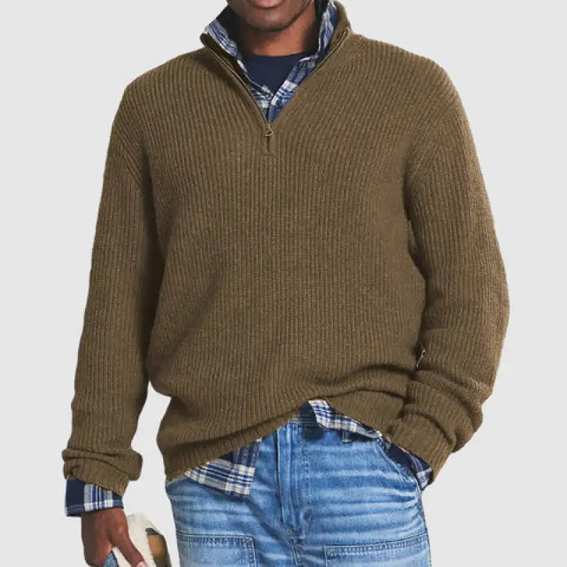 Men Casual Loose Zip Stand Collar Sweater